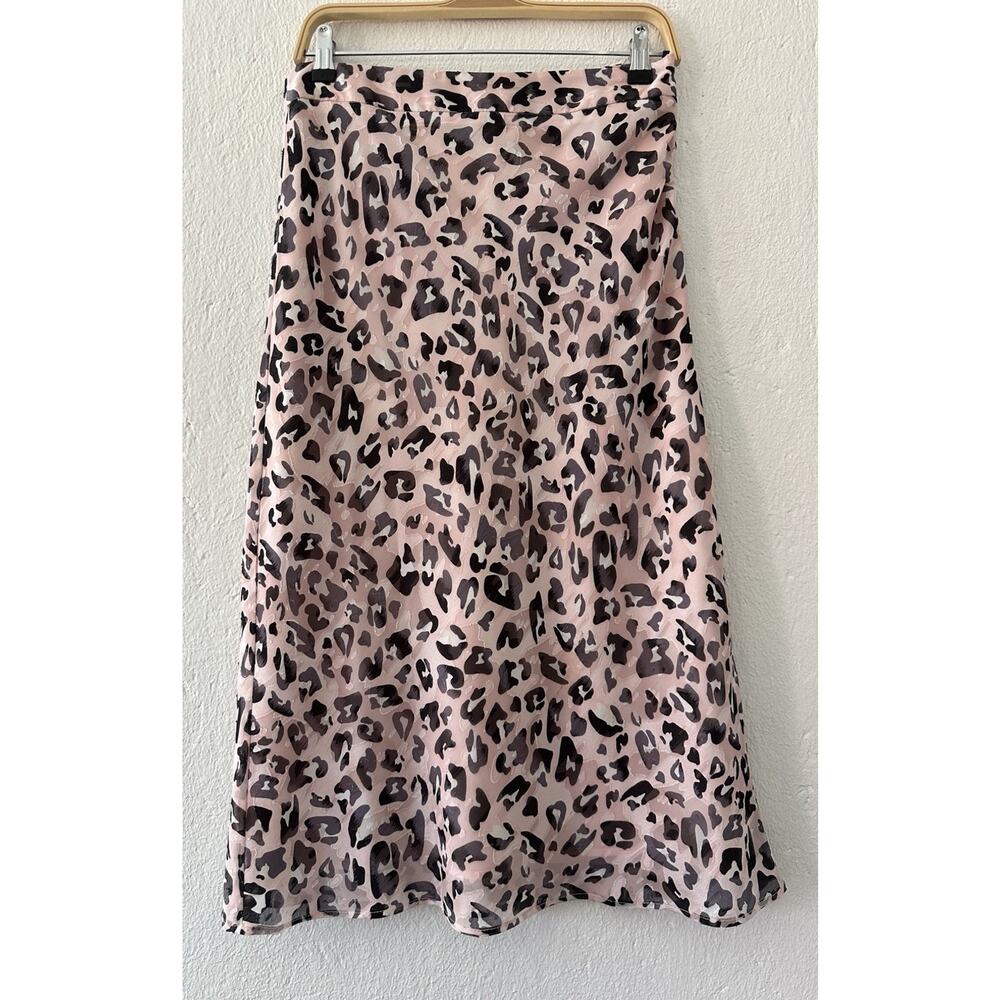 Hutch Leopard Print Midi Skirt Pink Satin Slip Skirt YsK Chic Made in USA Size 6